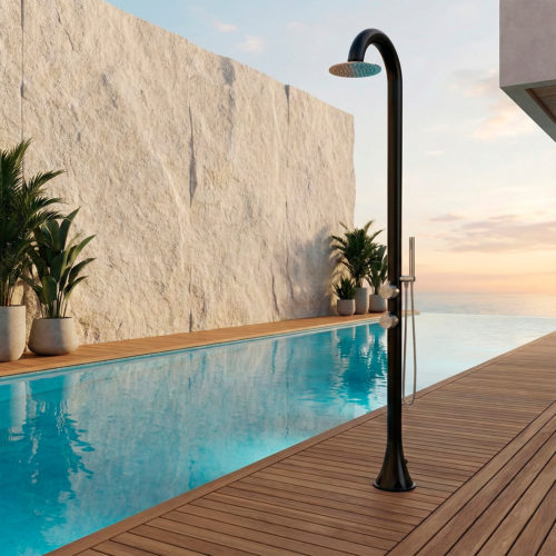 Doccia nera in acciaio inox 316L con doppio ingresso e doccino flessibile