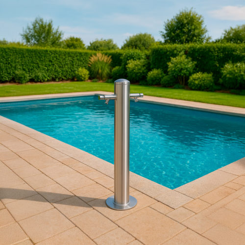 Fontanella inox 316 alta 82 cm con 2 teste e pulsanti temporizzati
