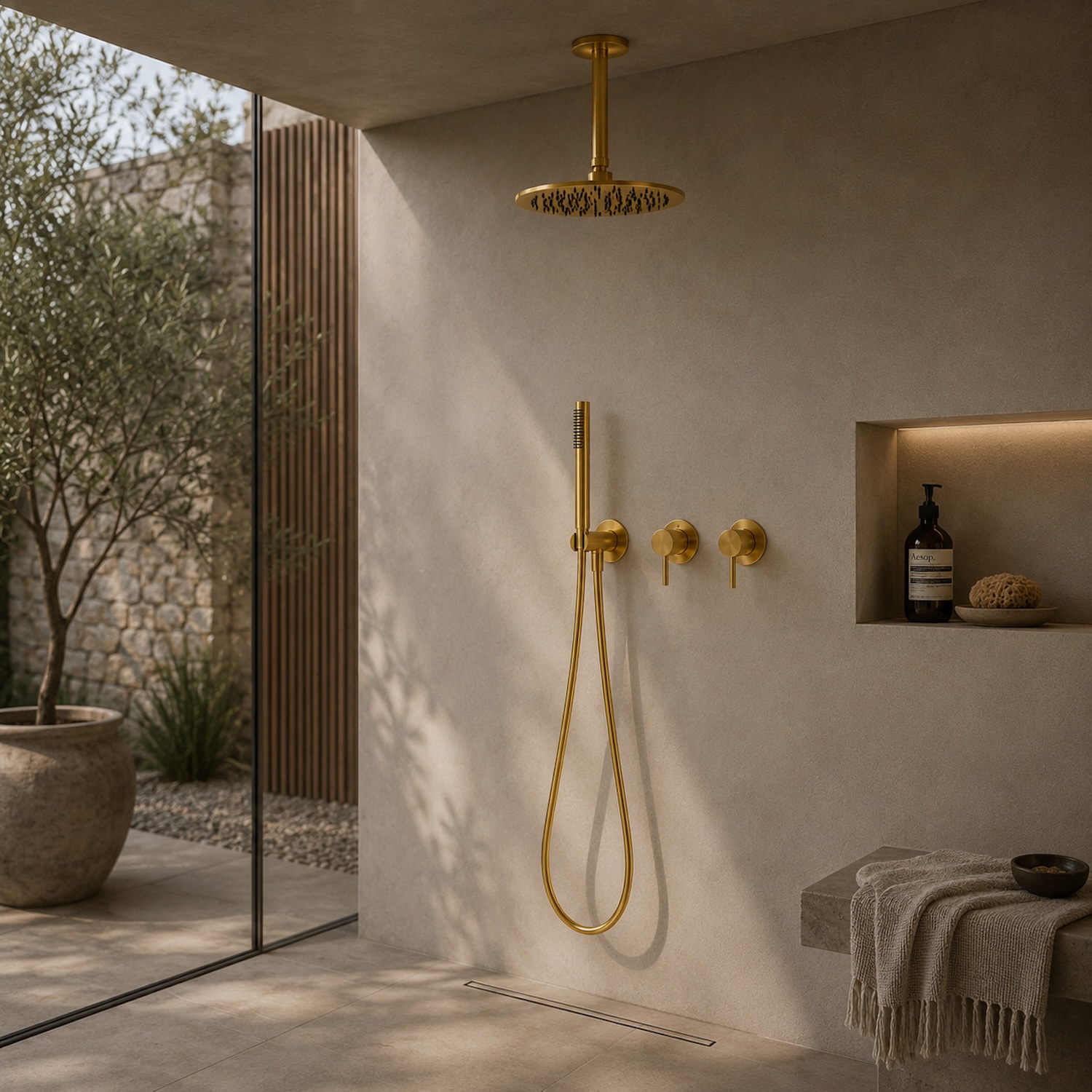KIT-DOCCIA-SOFFITTO-LUNGO-30-ORO-ambientata KIT DOCCIA SOFFITTO LUNGO 30 ORO Ambientata